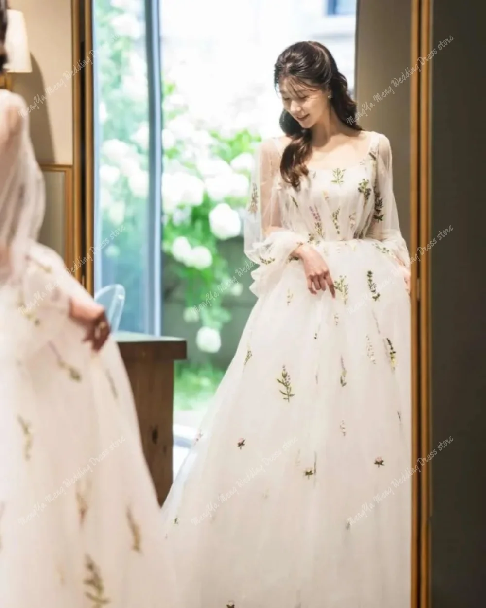 2025 Elegante Corea A Line Tulle Abito da sposa Staccabile Puff Maniche lunghe Servizio fotografico Abiti da sposa Abiti da sposa personalizzati