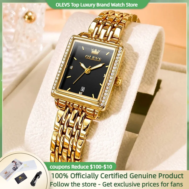 OLEVS-relojes elegantes para mujer, reloj de pulsera pequeño cuadrado de lujo, caja de regalo roja exquisita, reloj para niña, fecha luminosa