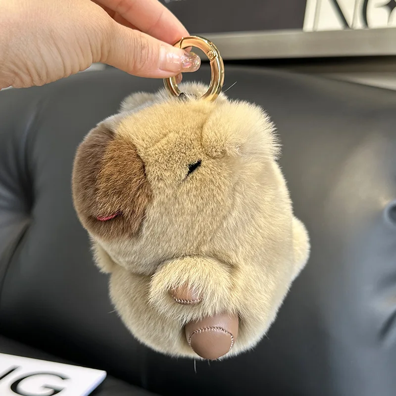 Cute and adorable real otter rabbit fur capybara plush doll car keychain animal plush pendant gift fur toy