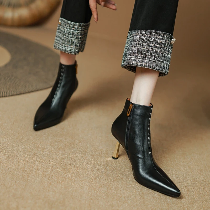 NEW Autumn Women Boots Pointed Toe Thin Heel Boots Genuine Leather Shoes for Women Elegent Zipper Ankle Boots Solid Winter Boots