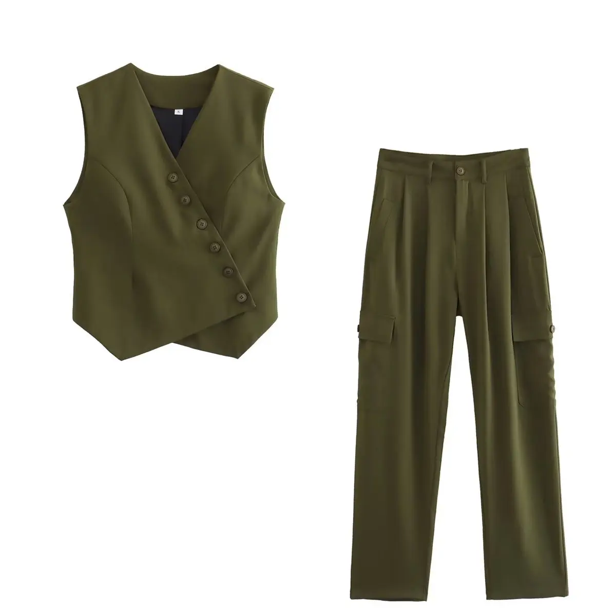 CHIC Women Army green Asymmetric Diagonal Buttons Waistcoat V neck Vest Sleeveless Jacket Coat