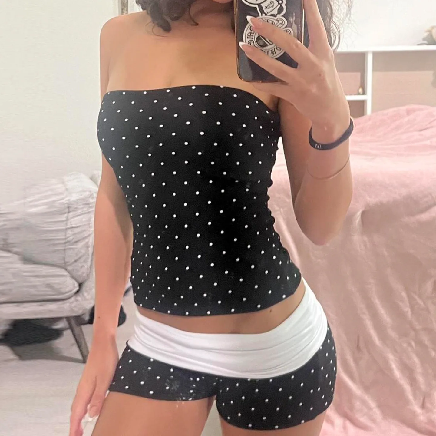 

Polka Dot Printing Splicing Contrasting Color Chest-wrapped Shorts Two-piece Set Thin Casual Sports Suit