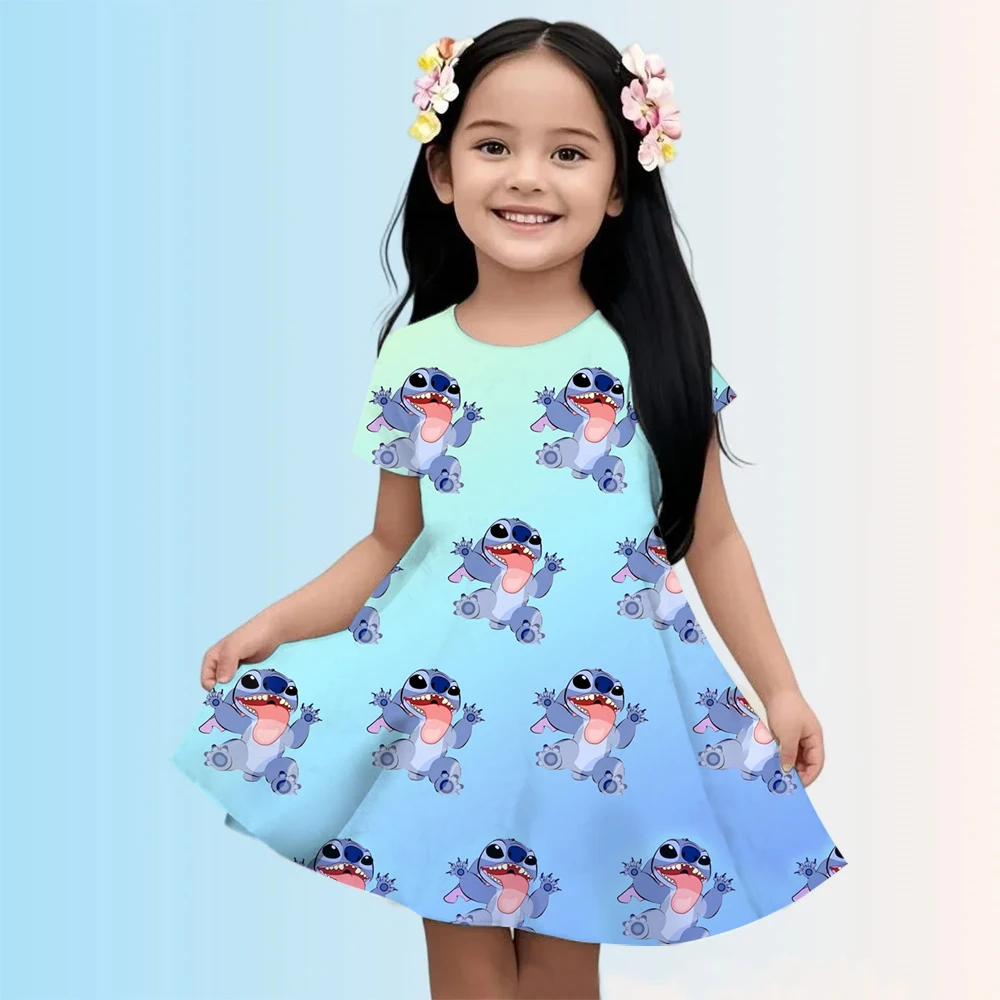 

2025 New Summer Kids Cartoon 3-8Years Dress Sleepwear Princess Girls Printing Nightgowns Children Party Dresses Pajamas Stitchs