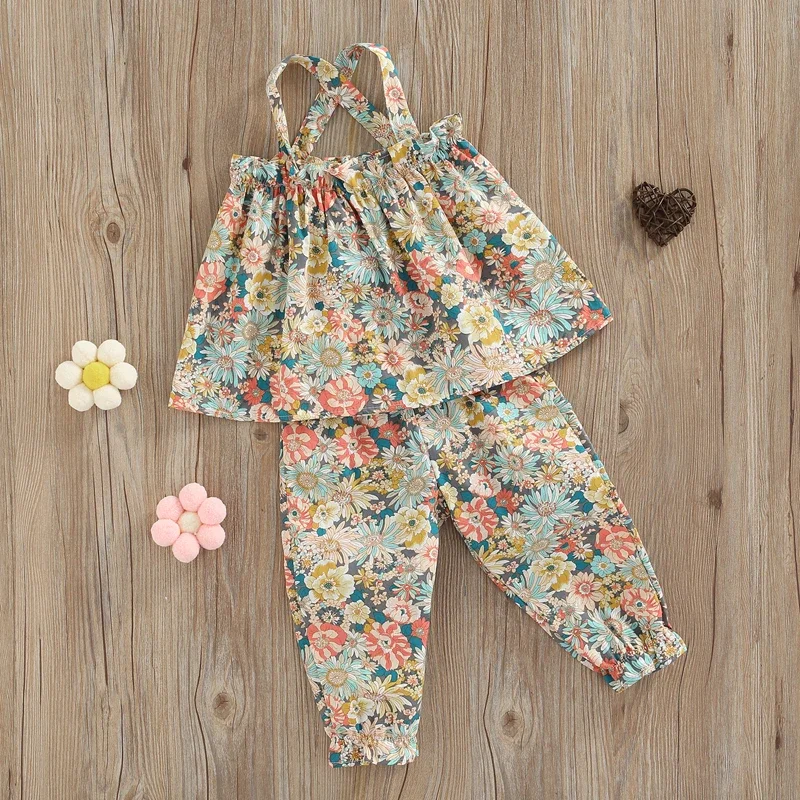 Newborn Baby's Clothes Girls Summer Outfit Sets Sleeveless Backless Camisole Elastic Band Floral Pants Children's Clothing Set