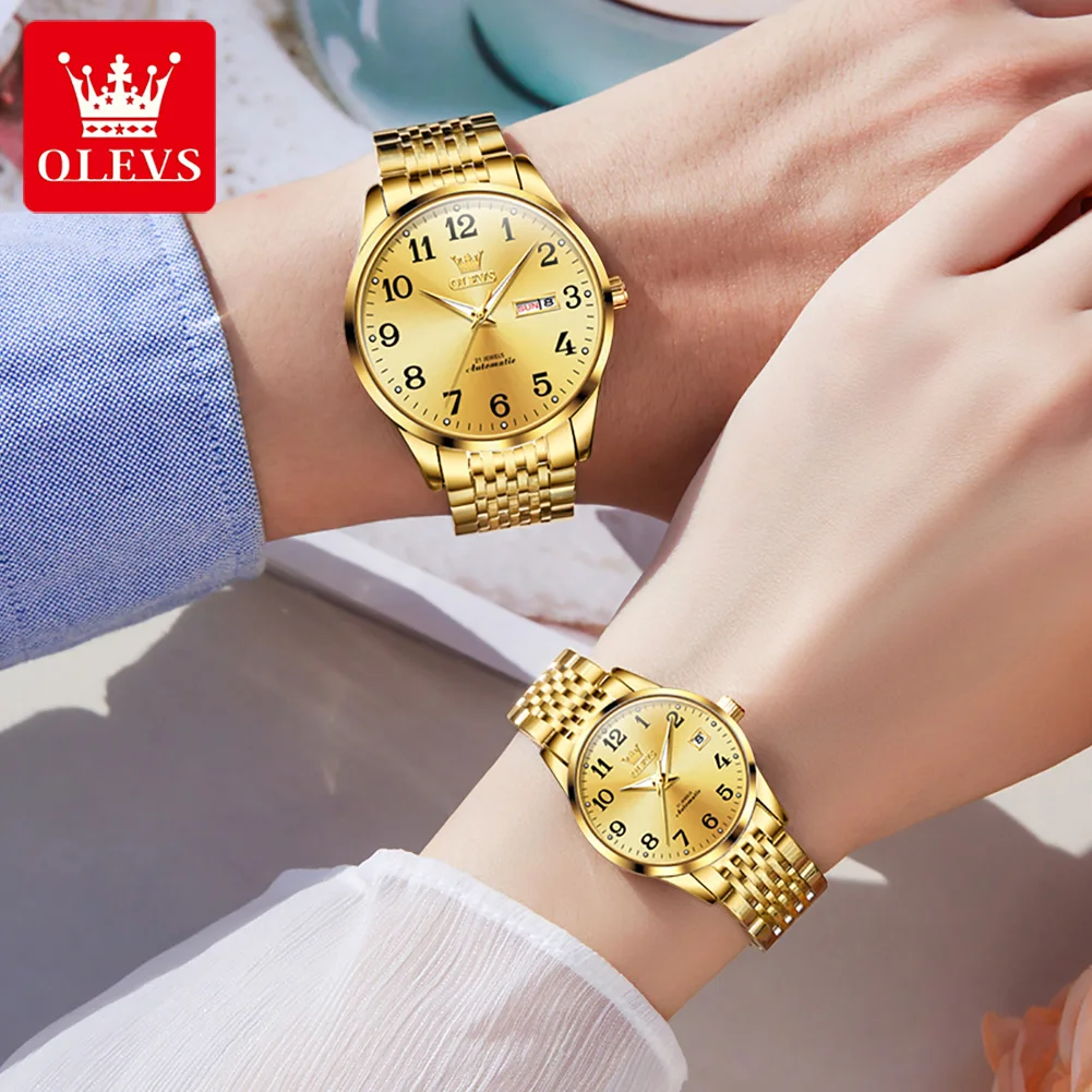 OLEVS jam tangan Mekanikal Pria Wanita, arloji pasangan Stainless Steel tahan air, merek terkenal, mewah, tanggal pekan