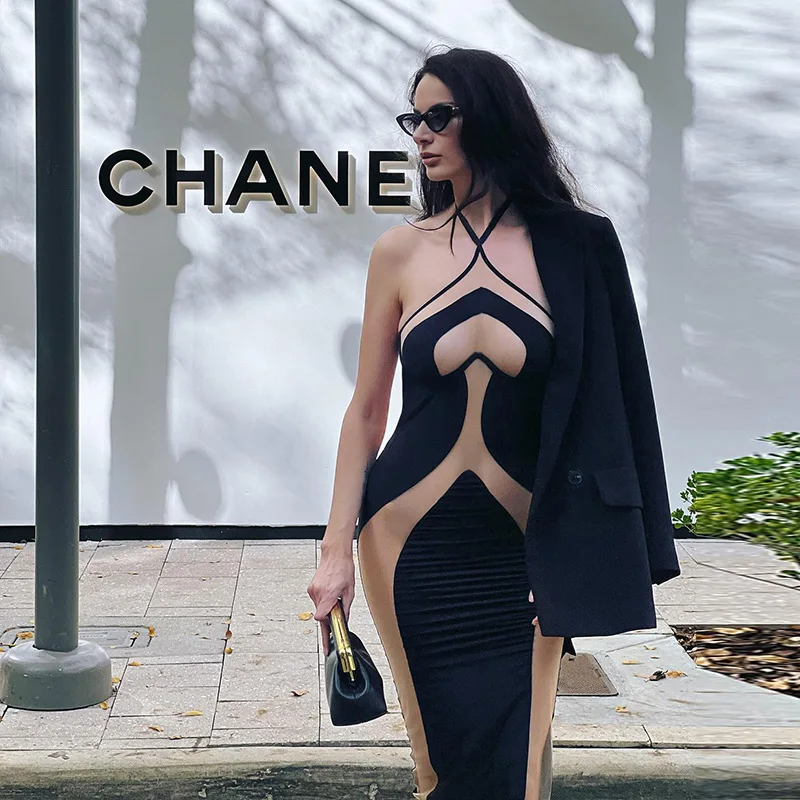 Une robe sexy sans bretelles, amincissante et découpée, une robe pour femmes européennes et américaines avec un tissu en maille qui enveloppe les hanches
