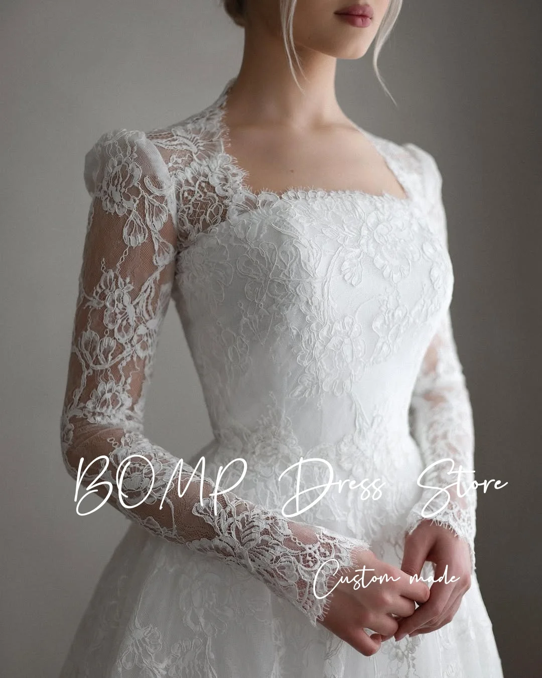 BOMP فساتين زفاف رائعة من الدانتيل على شكل حرف A وياقة مربعة وأكمام طويلة من الدانتيل فساتين زفاف متواضعة دبي للنساء العربيات حسب الطلب #4