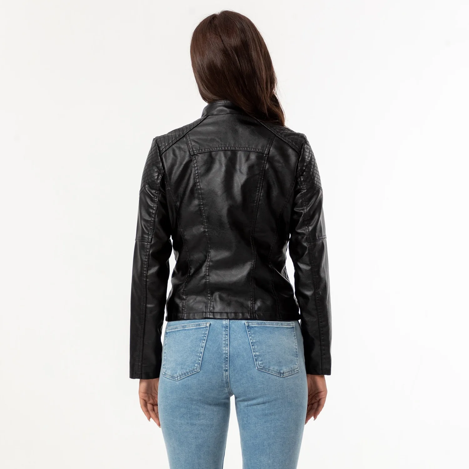 Artificial Autumn Women's Leather Jacket Turn Down Colar Zipper Cinched Waist Slim Outwear For Lady Female's Motorcycle Jacket