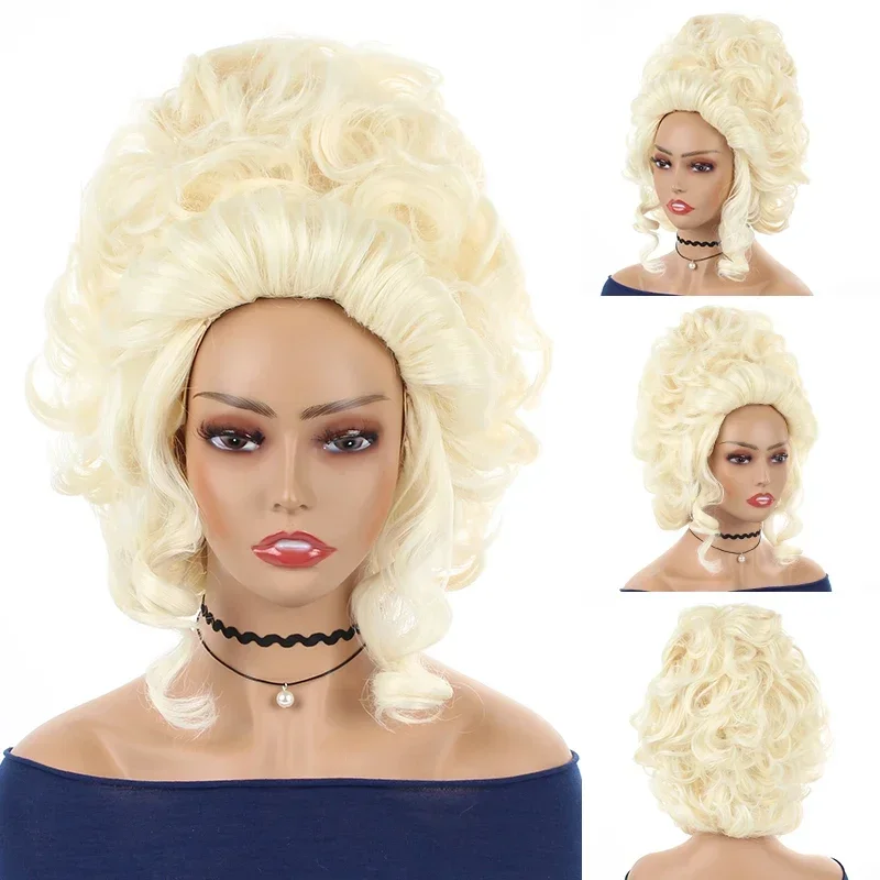 Marie Antoinette Medium Long White & Blonde Curly Cosplay Wigs Princess Heat Resistant Synthetic Hair Wig