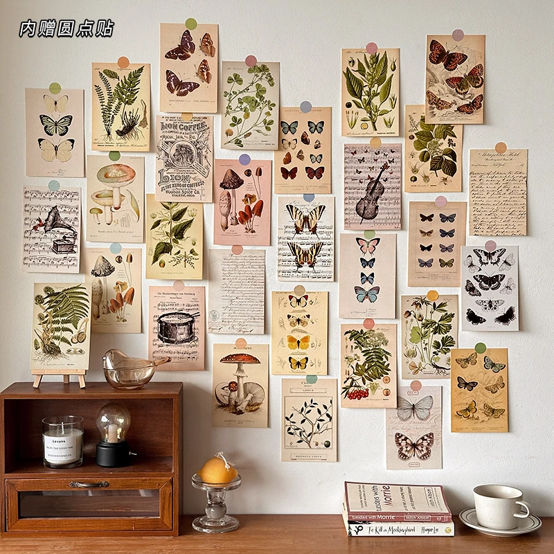 30 Sheets Retro Art Wall Stickers Decoration Mushroom Butterfly Card Wall Stickers Vintage Nature Biologist Room Bedroom Decor