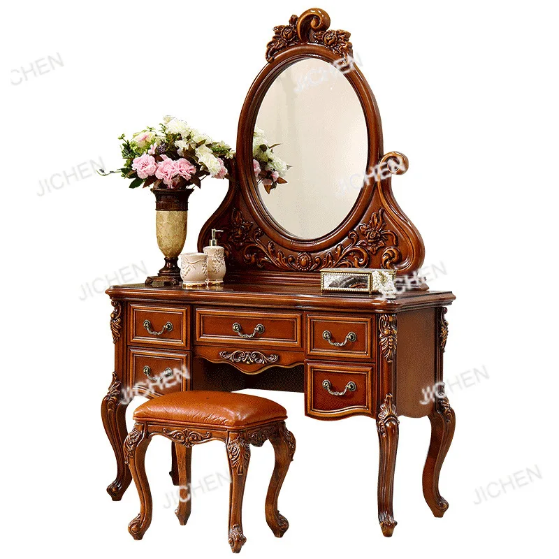 

French retro dresser European carved simple bedroom dressing table stool makeup mirror combination rural solid wood dresser