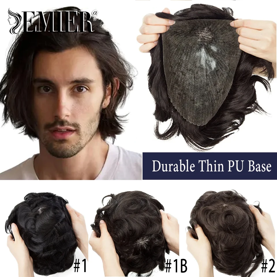 

Men's Toupee Durable Thin Skin Full Pu Base Male Human Hair Wigs Natural Black Brown Straight Man Hair System Prosthesis Unit