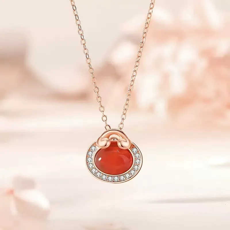 S925 Sterling Silver Red Agate Ruyi Fortune Bag Necklace Women, New Style Pendant Geometric Clavicle Chain