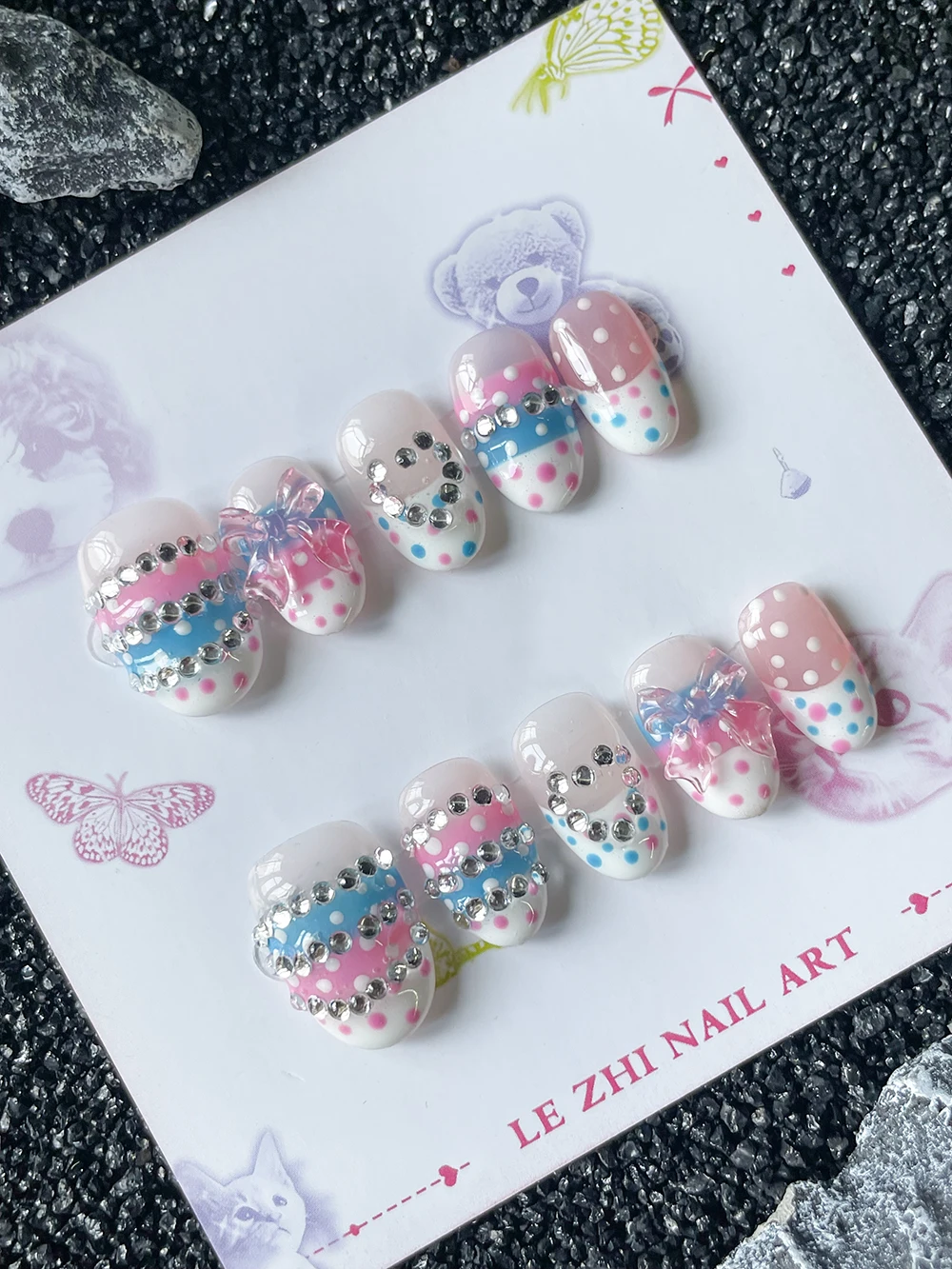 

10Pcs Handmade Short Round Shape Summer Jelly Color Press On Nails Blue Pink Dot Stripe Pattern Love Diamond Design Fake Nails