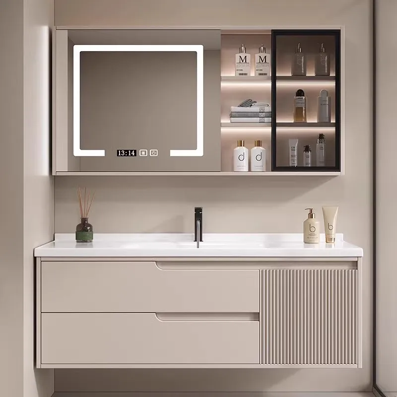 

Lamp Modern Bathroom Cabinet Integrated Storage Solid Wood Bathroom Cabinet Closet Mirror Meuble Salle De Bain Furniture