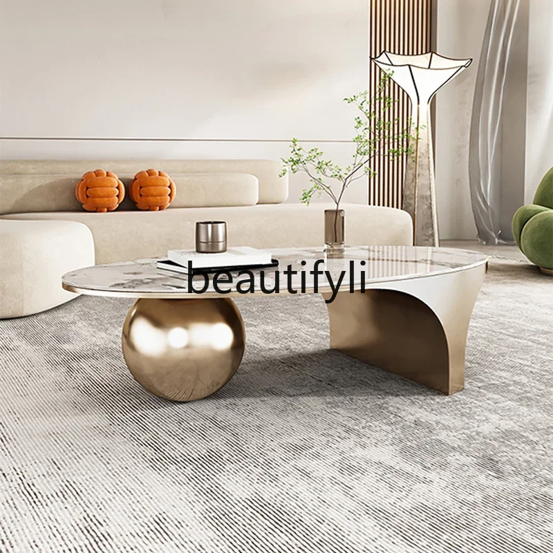 

Light luxury rock slab coffee table simple household small apartment Italian living room designer feeling round coffee table CQY