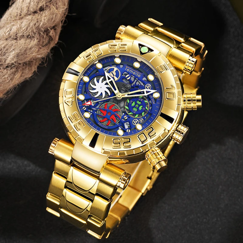 Temeite Golden Mens Watches Top Brand Luxury Steel Big Dial Quartz Chronograph Gold Male Wristwatches Relogio Masculino 2022