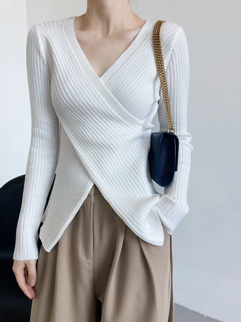 Women's Solid V-neck Sweater Clothing, Casual Cross Long Sleeve Sweater, Casual Tops For Fall & Spring