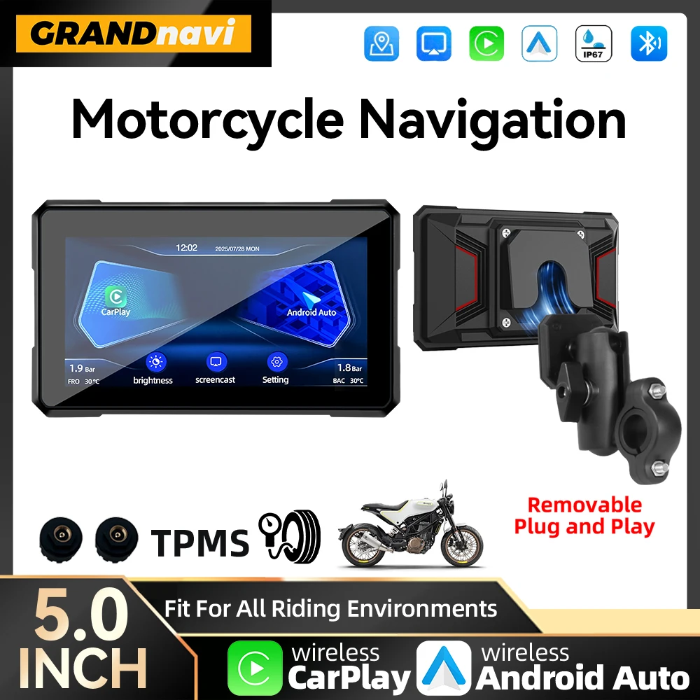 

5-дюймовый мотоциклетный GPS-навигатор, беспроводной Carplay Android Auto, магнитный быстросъемный кронштейн, портативный Bluetooth-мото мотоцикл