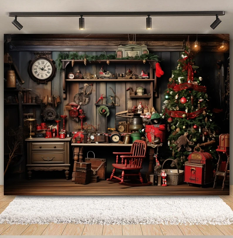 Christmas Warehouse Backdrop Xmas Tree Winter Vintage Wooden House Plank Shelf Window Family Party Photography Background Decor