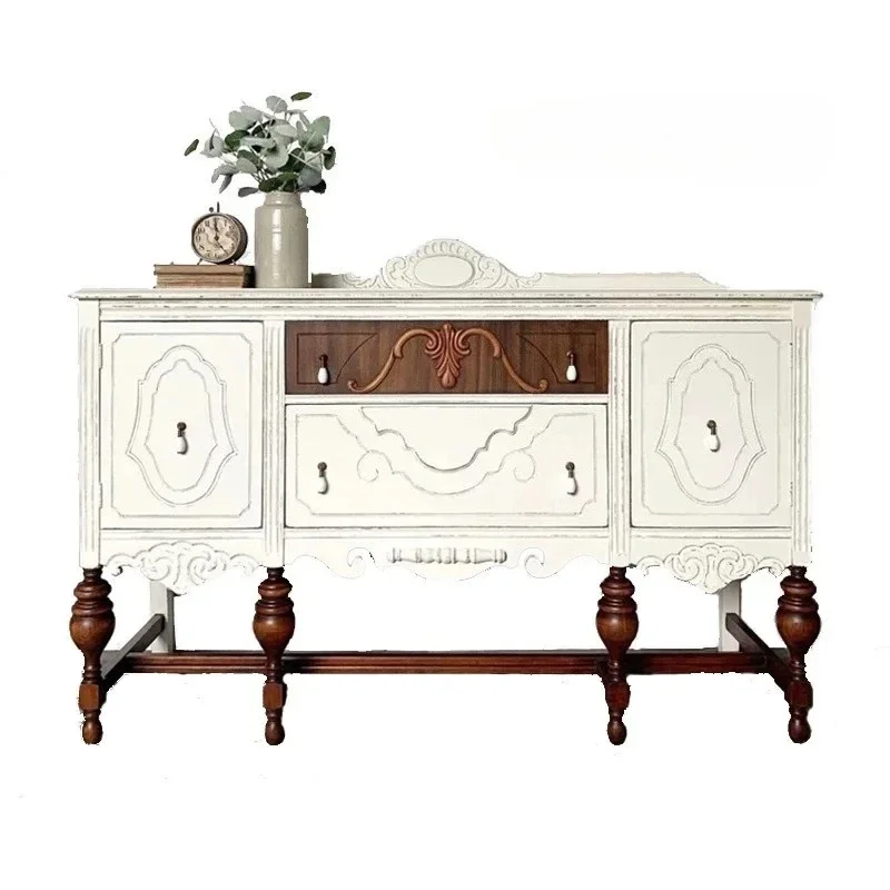 

French retro old dining side cabinet solid wood carving flower foyer porch cabinet corridor wall locker