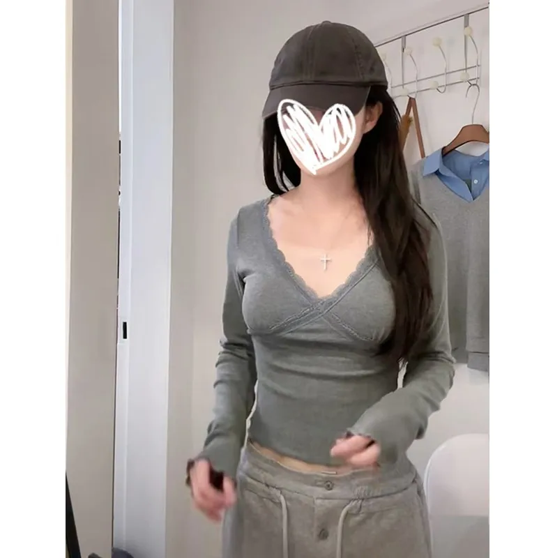 تي شيرت بأكمام طويلة للفتيات والربيع بياقة على شكل حرف O وخصر مرقع ومطوي ومزين بطبقات وكشكشة للتخسيس ملابس خروج #5