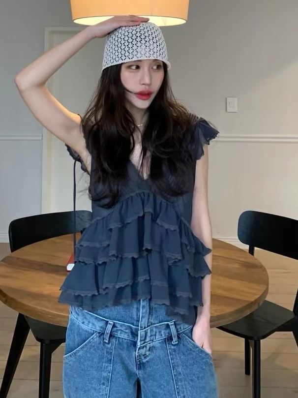 

Sweet Summer New Style Sleeveless V-neck Women's Shirt Flounce Design Slimming Pure Desire Trendy Top Korean Style Short Length