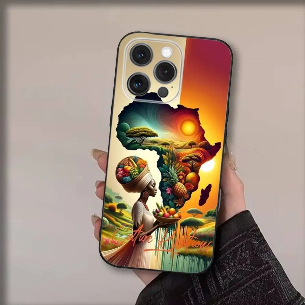 حافظة هاتف Geogra لخريطة أفريقيا لهاتف iPhone16,15,14,13,12,11,Pro,Max,Plus,X,XS,SE4,E,Mini,Soft Black Case