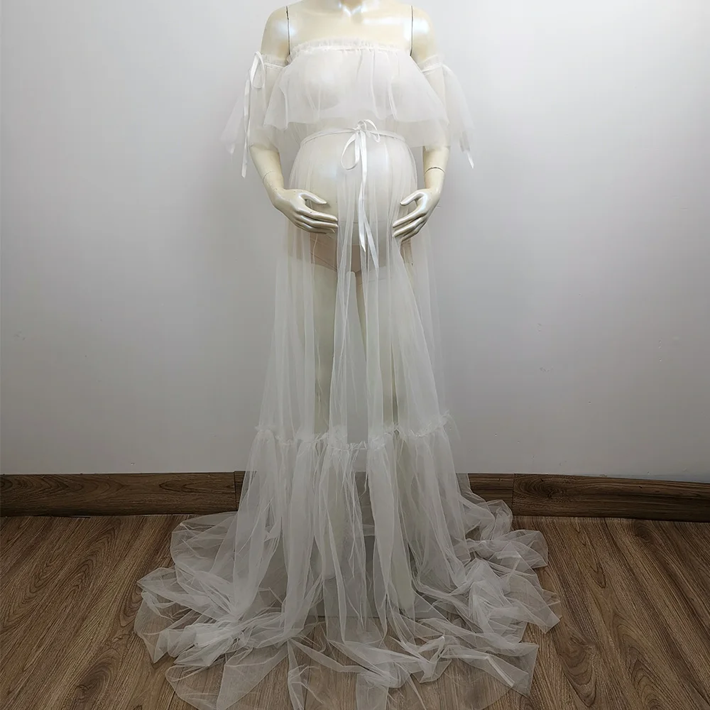 

Don&Judy Maternity Photoshoot Dress Tulle With Pearl Gender Revelation Nightgown Pregnant Women Babyshower Photo Session Outfits