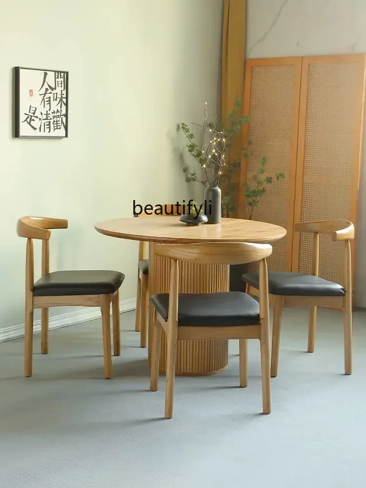 smt14 ss newSolid Wood Dining Table and Chair Small Apartment Simple Home round Dining Table Dining Table Living Room Multi-Func