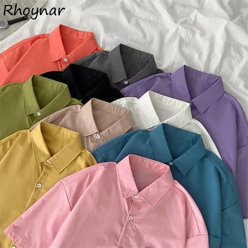 

Solid Shirts Women Summer Short Sleeve Turn-down Collar Simple Casual All-match Korean Style Fashion High Street College Cozy