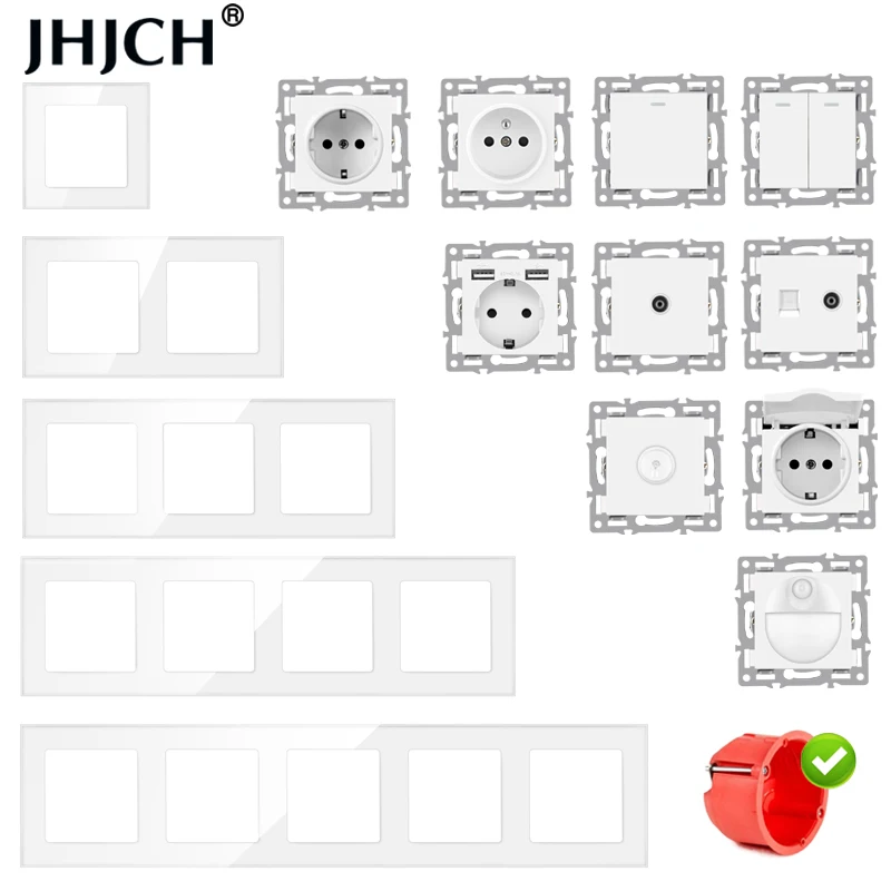 Jhjch modulo a parete fai da te presa tedesca usb Cat6 computer TV pannello in vetro temperato presa interruttore pulsante funzione combinazione
