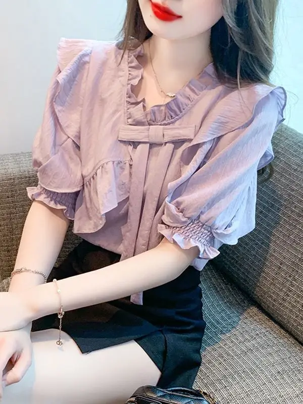 Fashionable Lotus Leaf Collar Bubble Sleeve Chiffon Shirt Women\'s Summer New Design French  Temperament Small Shirt Top