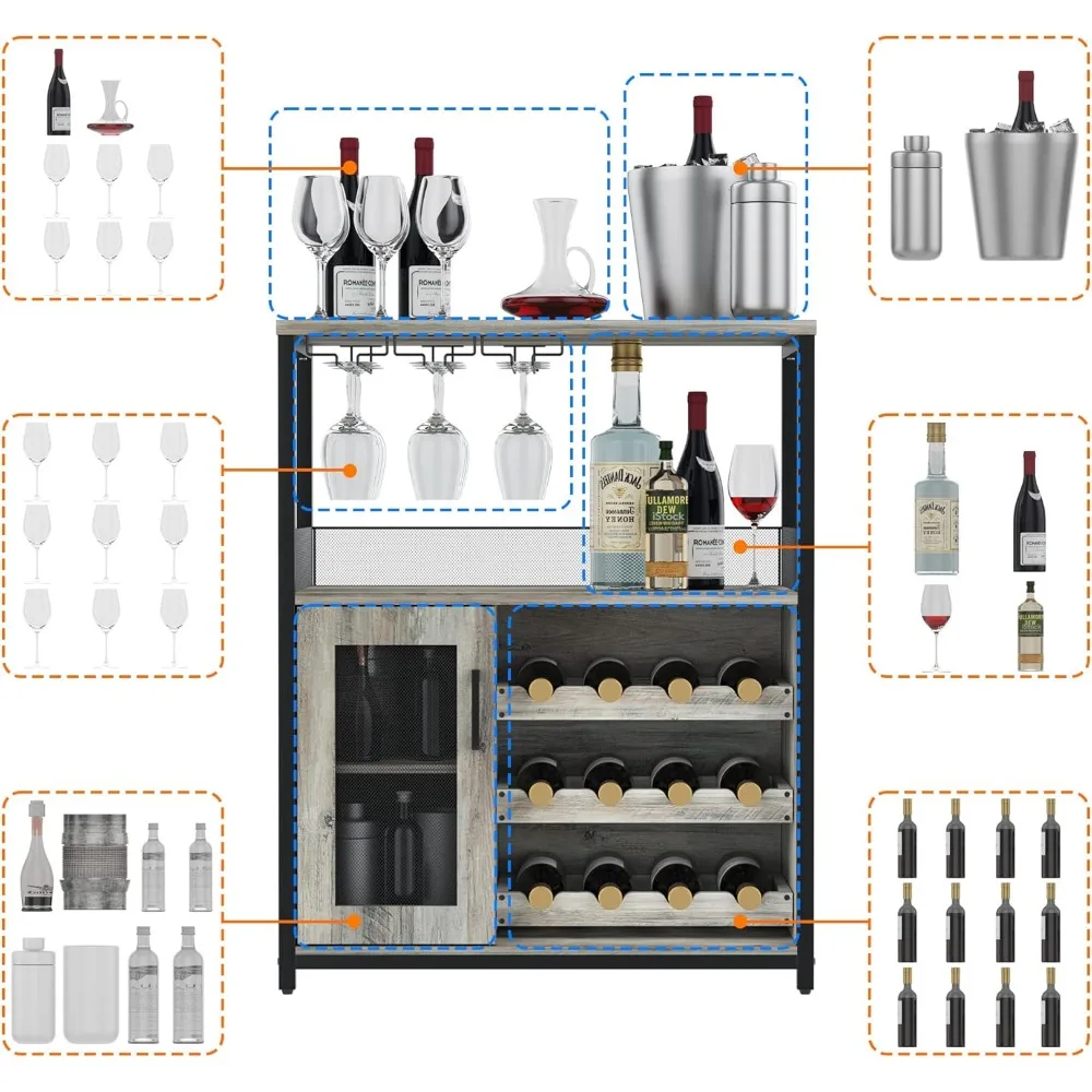 Wine Bar Cabinet com cremalheira de vinho destacável, espaço de armazenamento, armário buffet com suporte de vidro e porta de malha