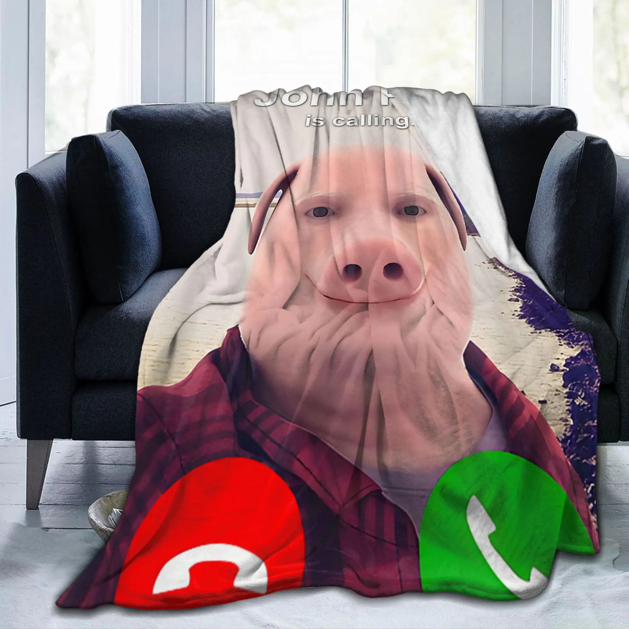 John Pork Is Calling Answer Call Phone Flannel Throw Blanket Humor Funny Pig Knitted Blanket Gift Soft Multi-function Throws