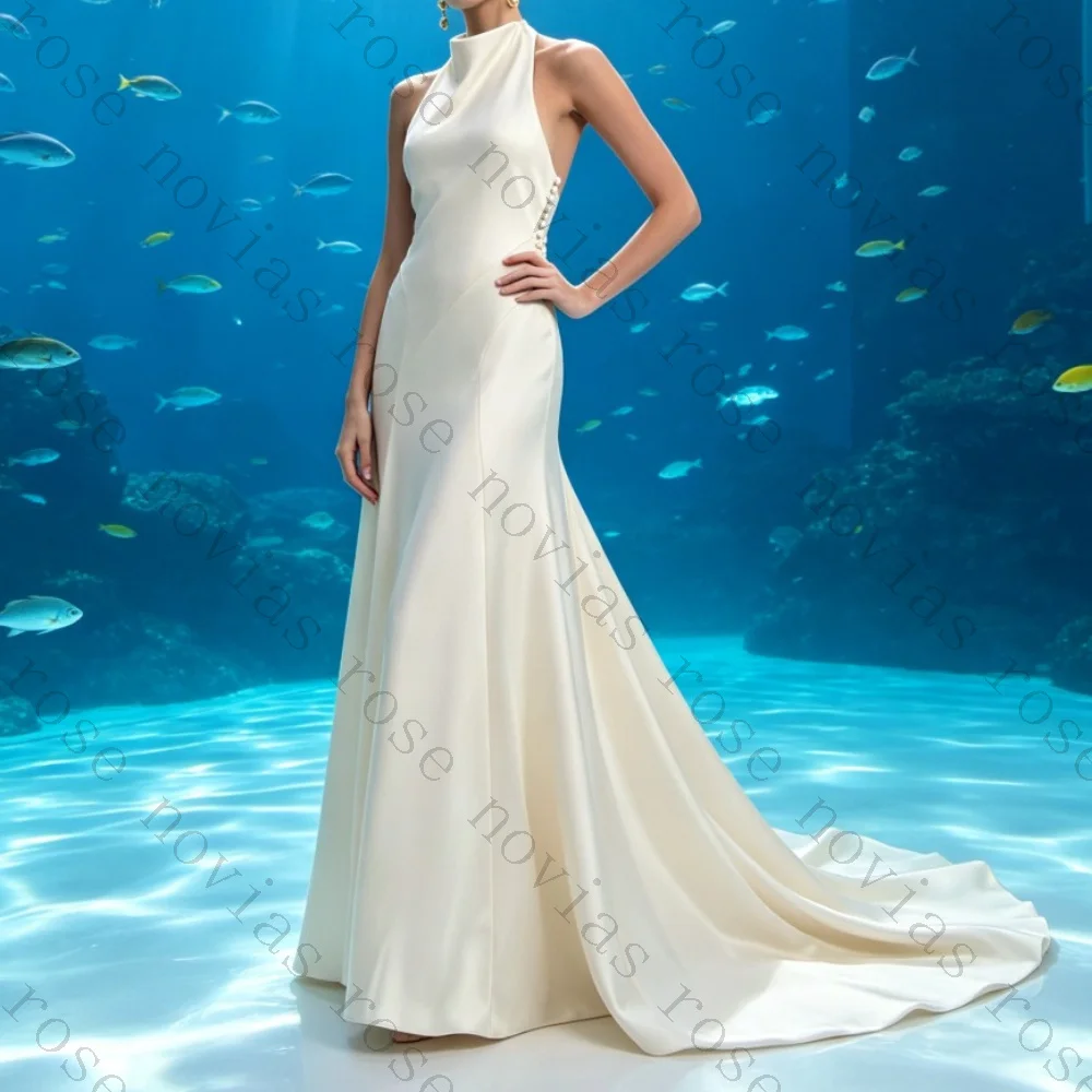 Customized Halter Satin Mermaid Wedding Dress Open Back Pearl Decor Slim Fit Long Train Luxury Underwater Photoshoot Bridal Gown