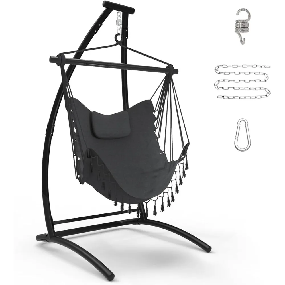 

C Type Hammock Chair with Stand, Swing Chair w/Neck Pillow, Hammock Stand for Balcony, Patio and Deck, Maximum Weight 300 lbs.