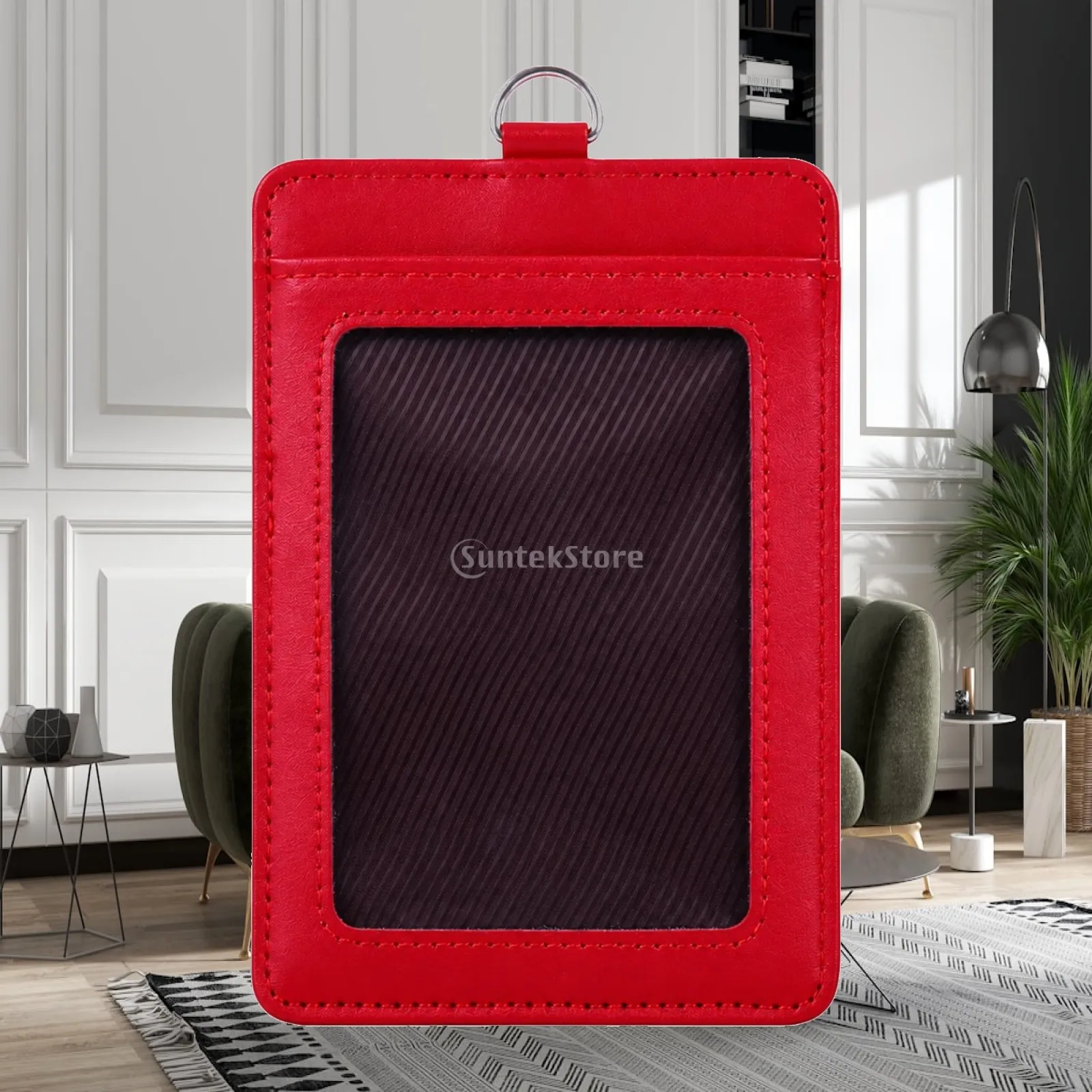 Clear Front Id Card Holder Vertical PU Leather Case with Metal Loop for Trade Show Pass and Name Tag