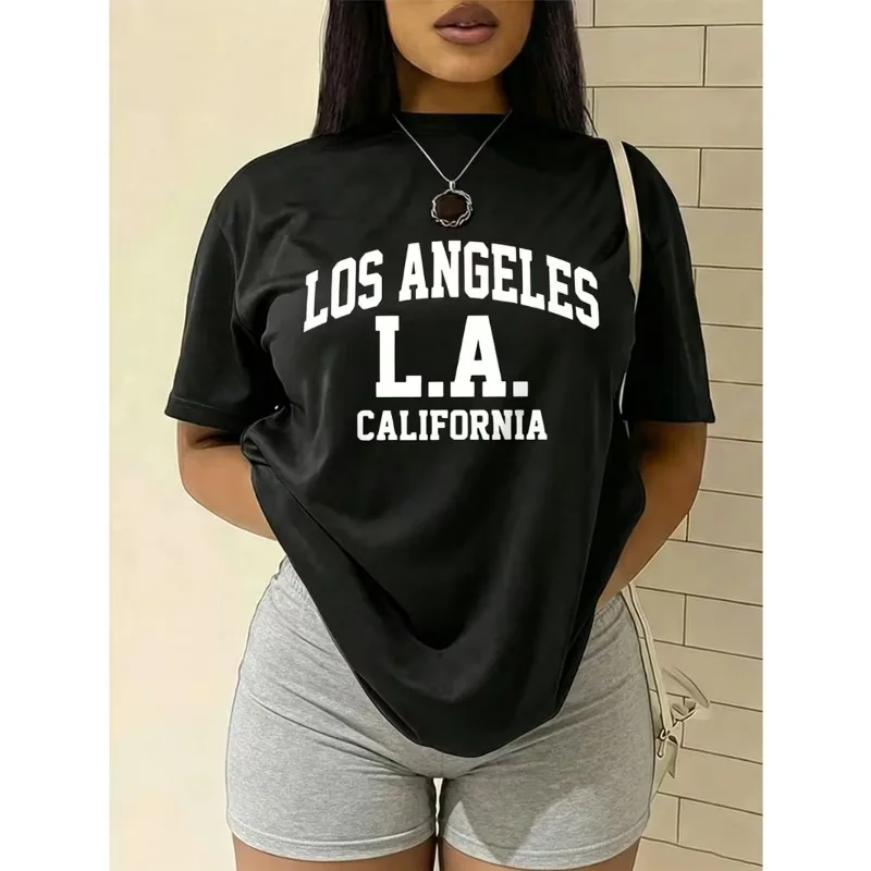 Soft Skin-Friendly Crew Neck T-Shirt for Women, Vintage Varsity LOS ANGELES LA CALIFORNIA Letter Print