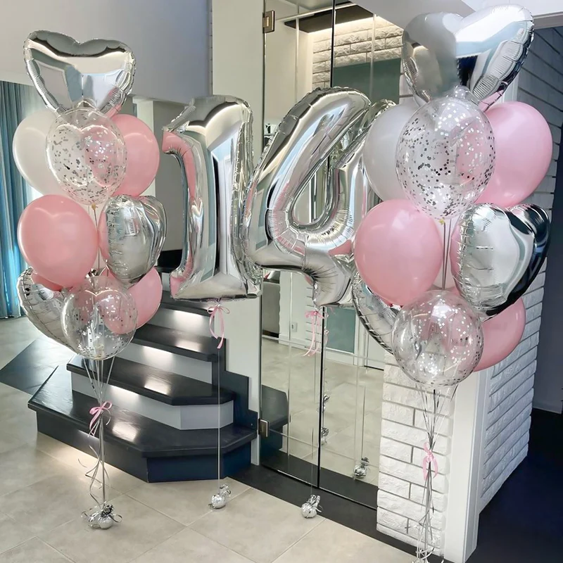 32inch Number Balloon Set Silver Heart Foil Balloons For Ceremony Party 10-50 Years Old Child Adult Birthday Party Decoration