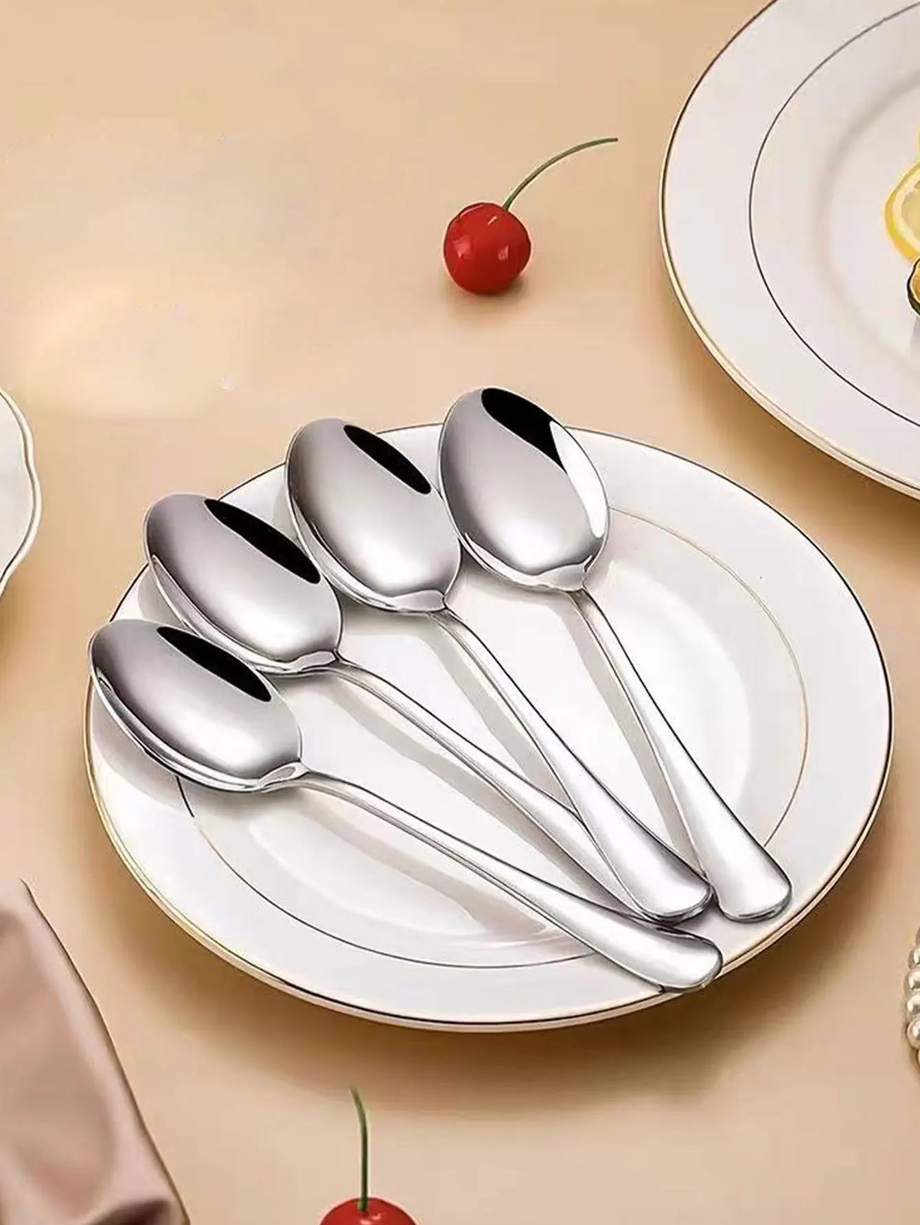 Stainless Steel Spoons for Western Food, Adult Food-Grade Tableware, Long Handle, Thickened, Household Pointed Soup Spoons, 5Pcs