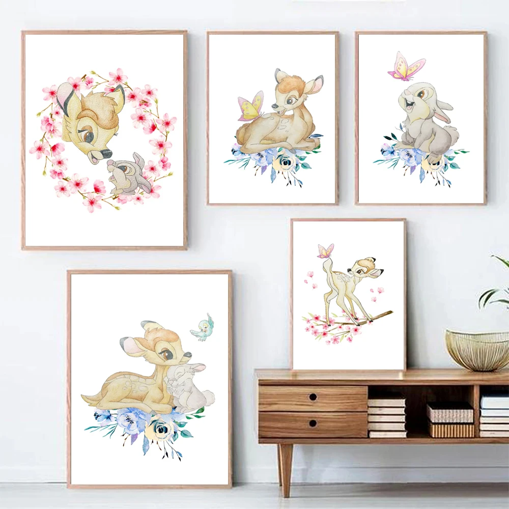 Disney Bambi And Thumper Poster Watercolor Cartoon Figure Wall Art Canvas Painting Prints For Kids Bedroom Nursery Home Decor