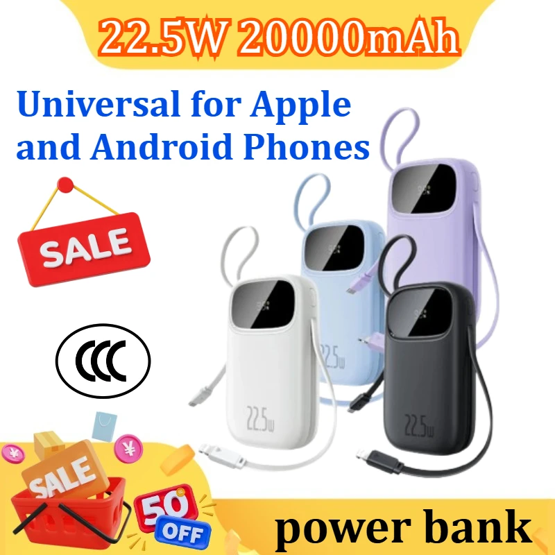 

22.5W 10000mAh 20000mAh Power Bank Built-In Retractable USB-C & Lightning Cable for iPhone for Samsung for Xiaomi