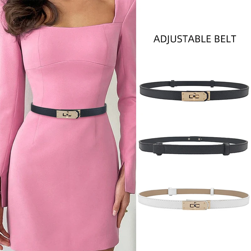 1PC Fashion Adjustable Thin Belt Luxury PU Leather Female Designer Girdle Metal Turn-Lock Waist Belt For Jeans Dresses