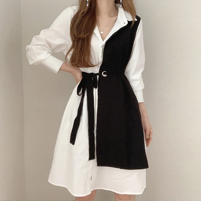 Coreano Sle Patchwork irt Dr mujer Regular Fit primavera Otoño Invierno Dr Casual ropa de calle al aire libre leva fecha