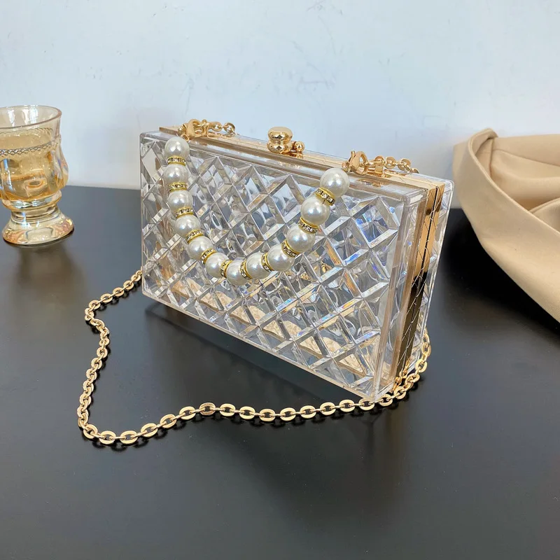 

Transparent Rhombus Bag, Female Summer New Acrylic Portable Pearl Chain Bag, Mini Bag, Acrylic Box Bag