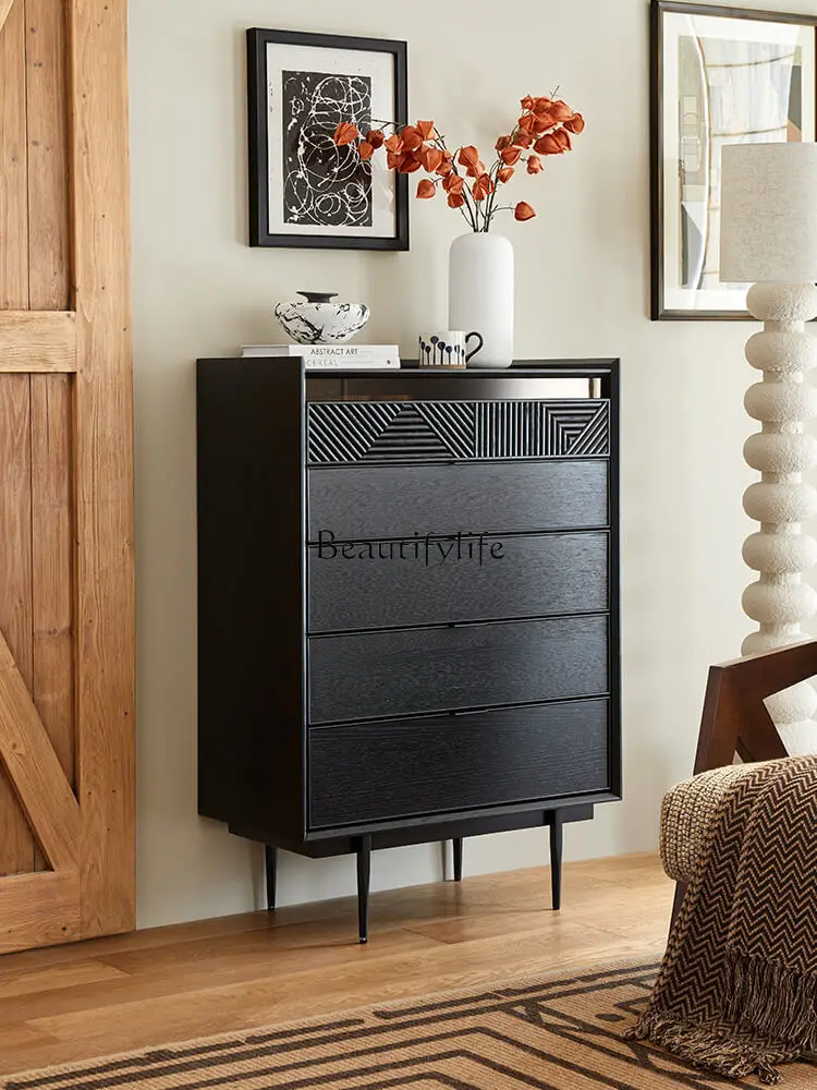 Nordic solid wood chest of drawers, high-end sense, light luxury, modern simplicity, black locker against the wall