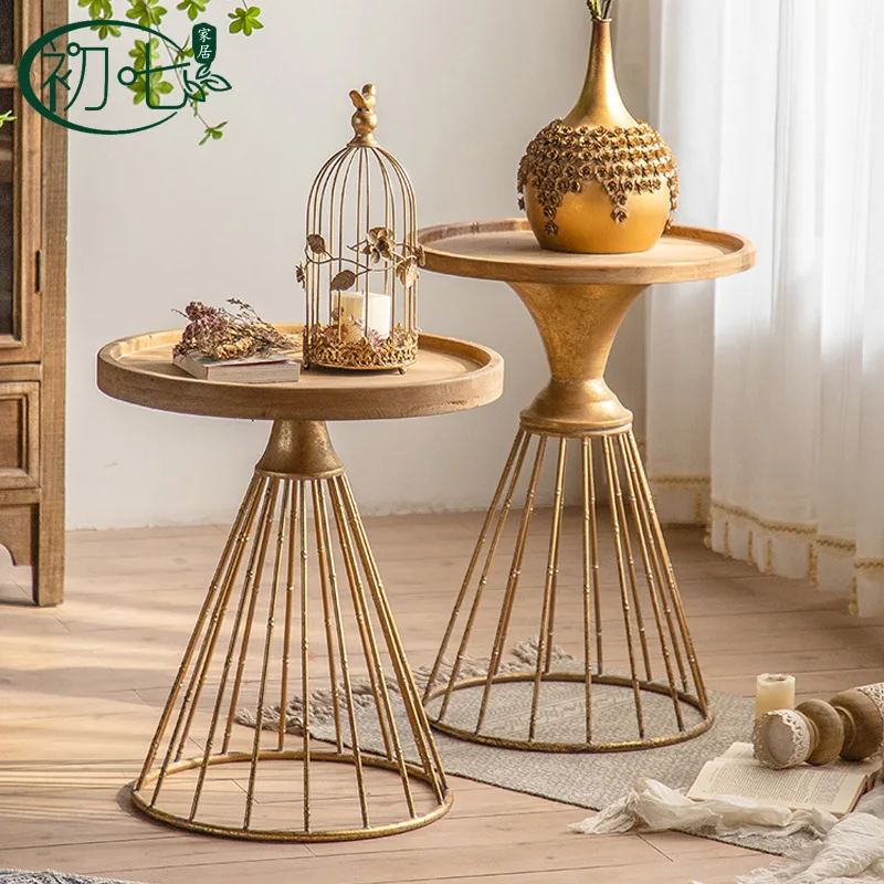 American retro solid wood small coffee table bedroom bedside wrought iron shop decorative  roundcorner