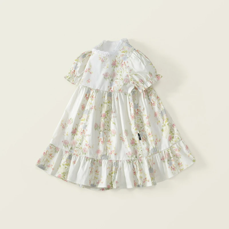 2025 Summer New Girls Dress Children's Baby Sweet Countryside Style Floral Bubble Sleeve Princess Dress