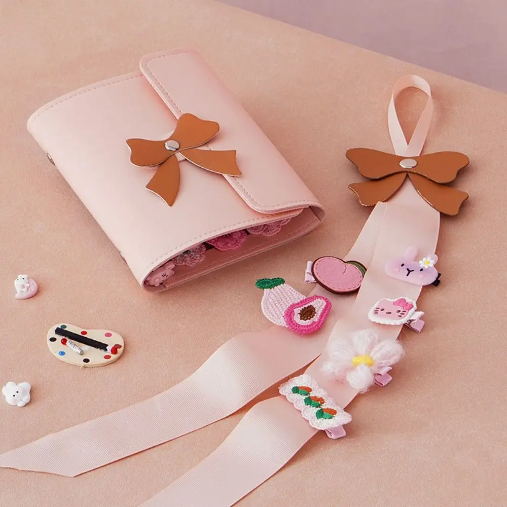 Delicate Bow Hair Clip Storage Bag Cute Compact Hair Accessory Box Pink Leather Hair Accessories Carrying Case Home